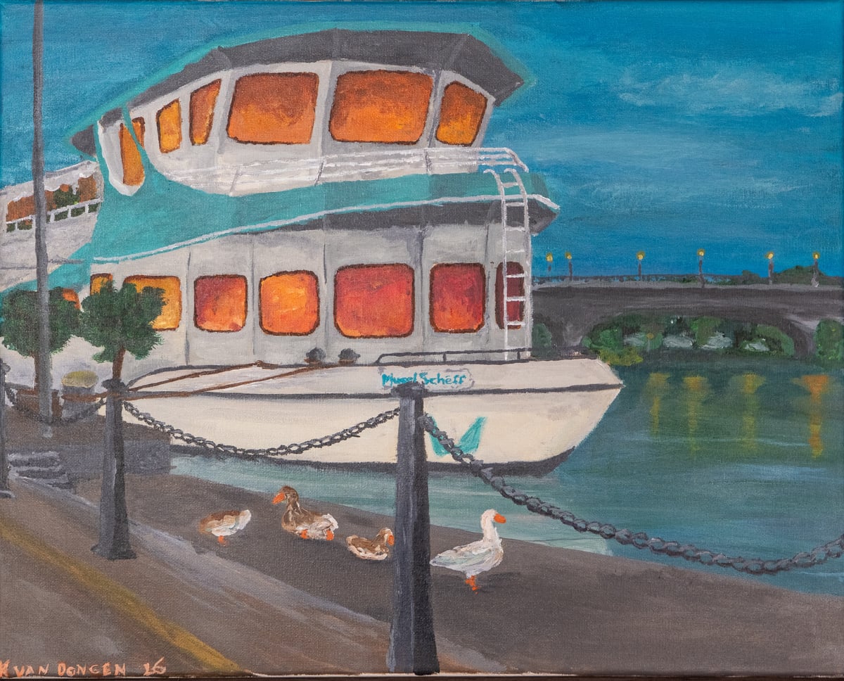 Acrylic painting of the Navitour tour boat moored on the Moselle at Remich at dusk, sunset glowing in its windows, the bridge to Germany behind and geese resting on the dock.