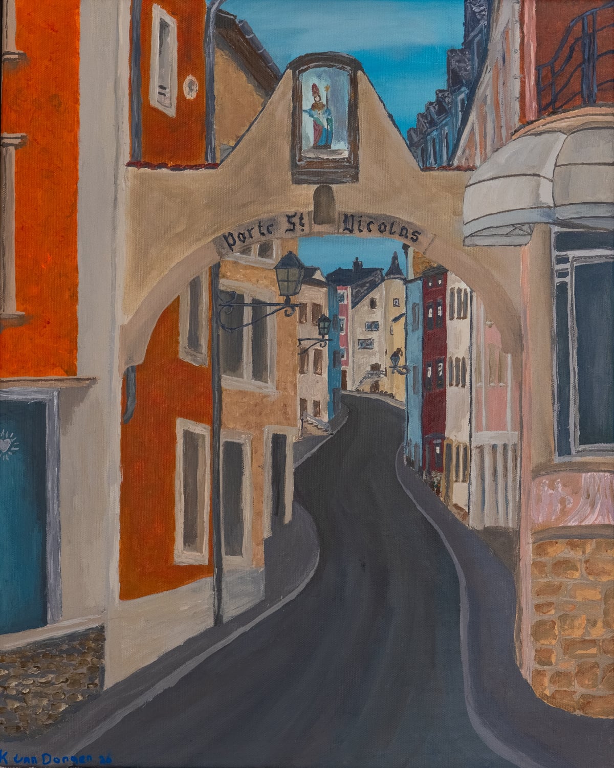 Acrylic painting looking through the stone arch of the Porte St. Nicolas into the old streets of Remich.