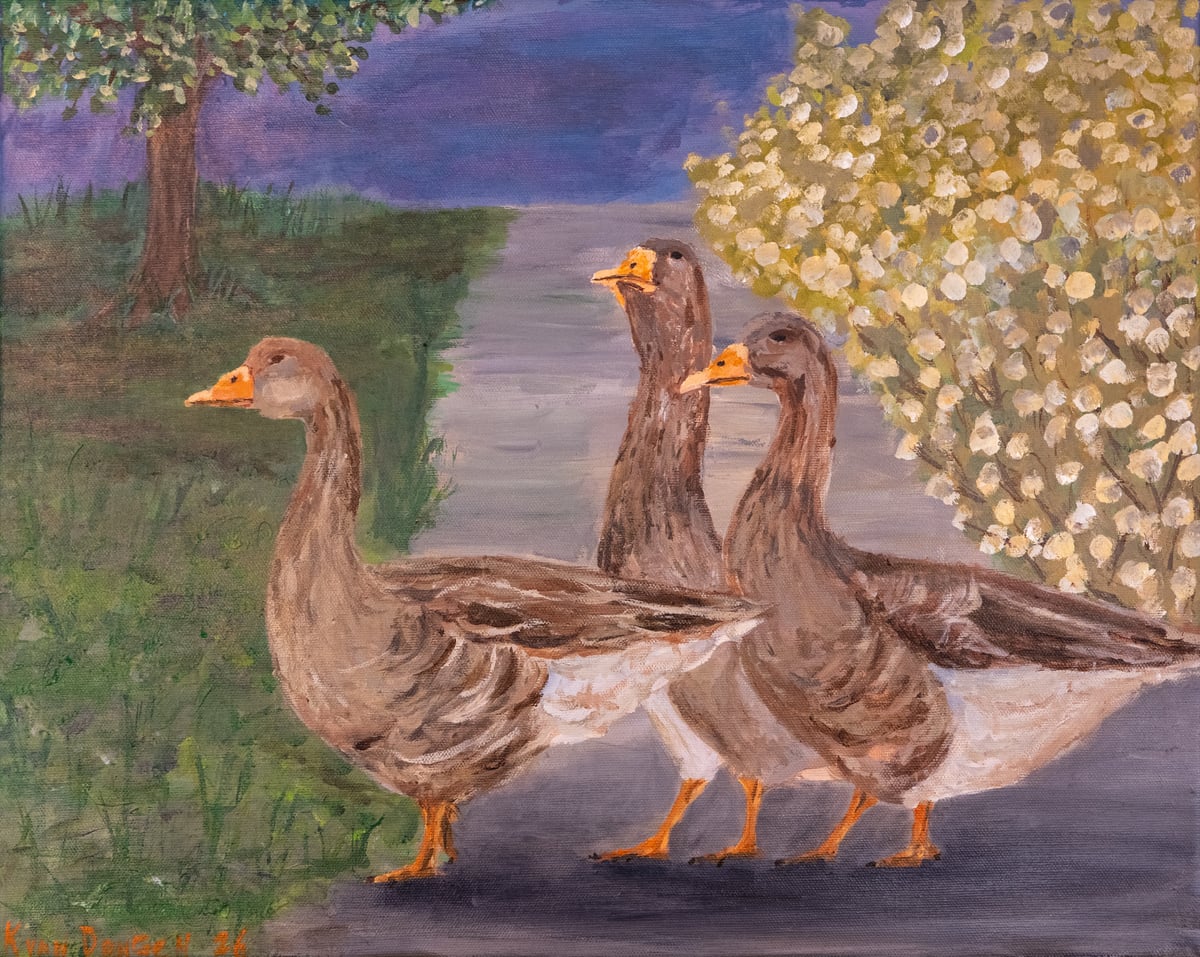 Acrylic painting of three greylag geese walking along the Remich esplanade in morning light, past a tree and a flowering bush.
